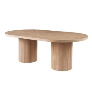 90in-123in Extendable Oval Wooden Mid Century Modern Dining Table with Double Pedestal Base, Oval Dining Table for 6 People, Large Modern Dininig Room Table for Home (Light Oak)