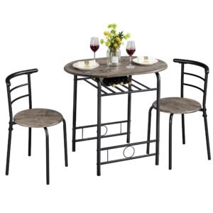 3 Piece Dining Table Set, Kitchen Table & Chair Sets for 2, Compact Bistro Table Set with Steel Legs, Built-in Wine Rack for Small Space, Apartment, Breakfast Nook, Natural
