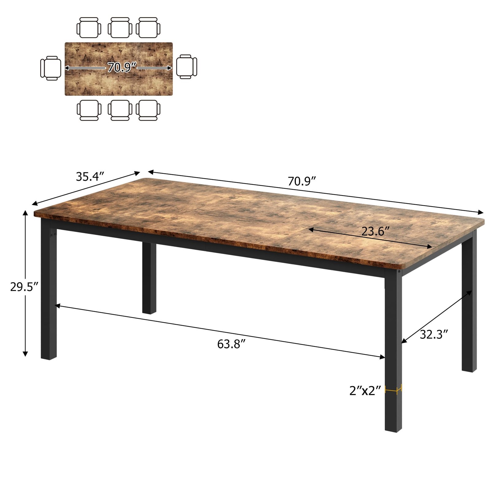 71 Inch Industrial Dining Table, Large Rectangle Kitchen Table with Metal Legs, Round Corners, Wooden Conference Tables Writing Desk for Dining Room, Living Room, Retro Brown - Image 77