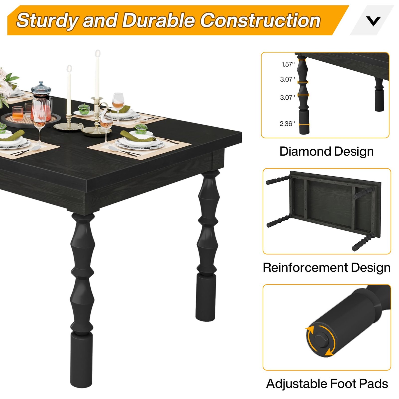 62” Wood Dining Table for 4-6 People, Farmhouse Large Rectangle Kitchen Table, Modern Dinner Table Kitchen & Dining Room Furniture with Carved Turned Legs - Image 23