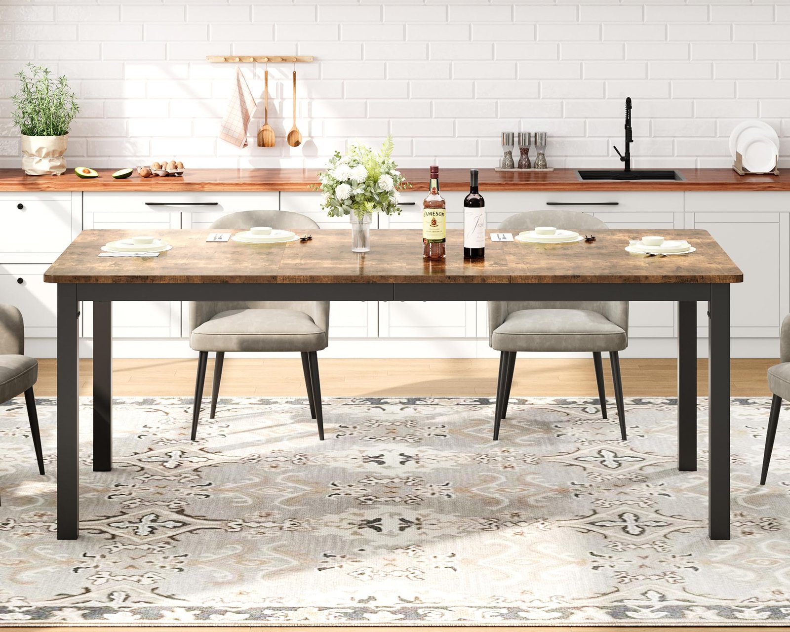 71 Inch Industrial Dining Table, Large Rectangle Kitchen Table with Metal Legs, Round Corners, Wooden Conference Tables Writing Desk for Dining Room, Living Room, Retro Brown - Image 32