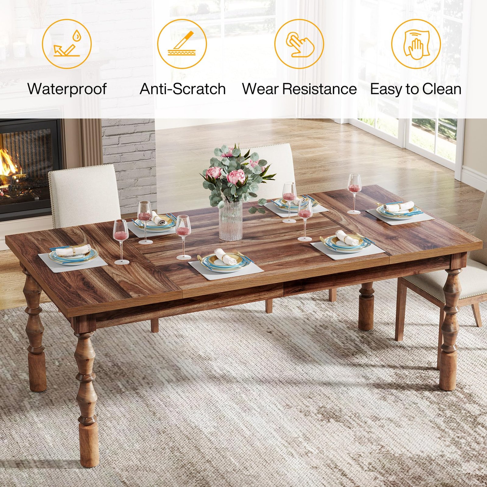 62” Wood Dining Table for 4-6 People, Farmhouse Large Rectangle Kitchen Table, Modern Dinner Table Kitchen & Dining Room Furniture with Carved Turned Legs - Image 4