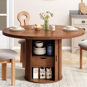 47 inch Round Dining Table for 4, Circle Kitchen Table with 2-Layer Storage Shelf and a Drawer, Modern Farmhouse Dinner Tables with Sliding Door and Wood Strip Base for Kitchen, Living Room (Walnut)