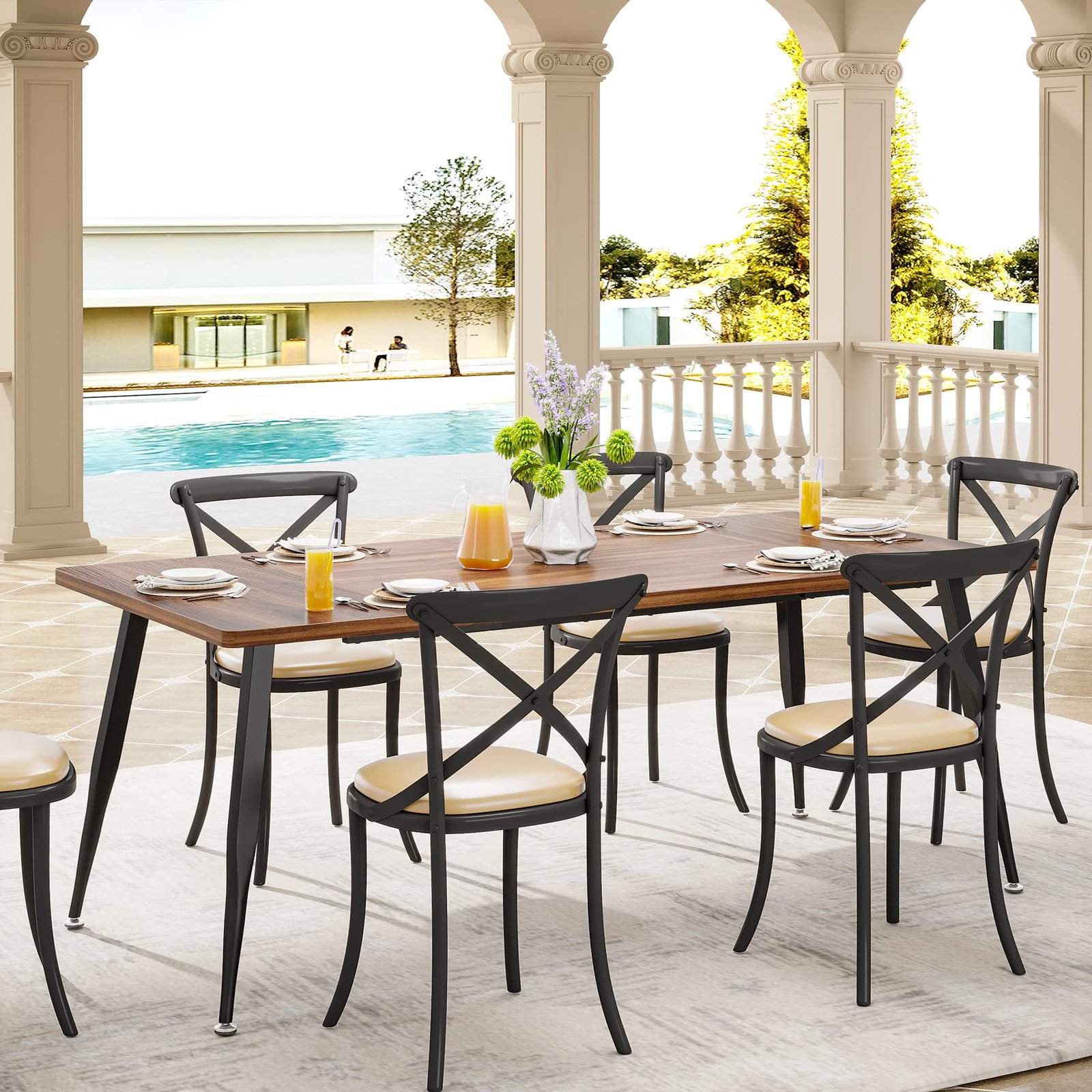 62” Wood Dining Table for 4-6 People, Farmhouse Large Rectangle Kitchen Table, Modern Dinner Table Kitchen & Dining Room Furniture with Carved Turned Legs - Image 14