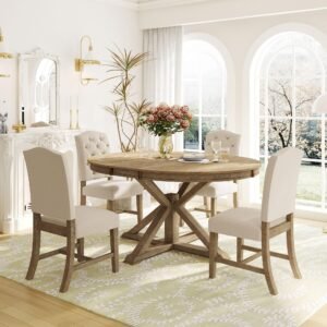 5-Piece Solid Wood Dining Table Set for 4, Extendable Round Kitchen Table Set with 4 Upholstered Chairs, Farmhouse Dining Sets for Kitchen, Dining Room, Natural