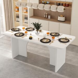 Modern Dining Table for 6-8 People, 78.7" Wood Kitchen Table with Stylish Pedestal, Long Rectangle Wooden Dinner Table for Dining Room, Brown & White