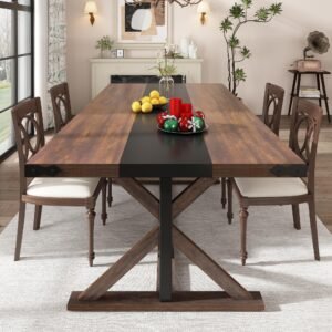94" Large Dining Table for 10 People, Rectangular Kitchen Farmhouse Table W/Thickness Waterproof Wood Tabletop,Long Dining Room Tables W/Wood Strip Base for Kitchen Living Room(94IN Brown)