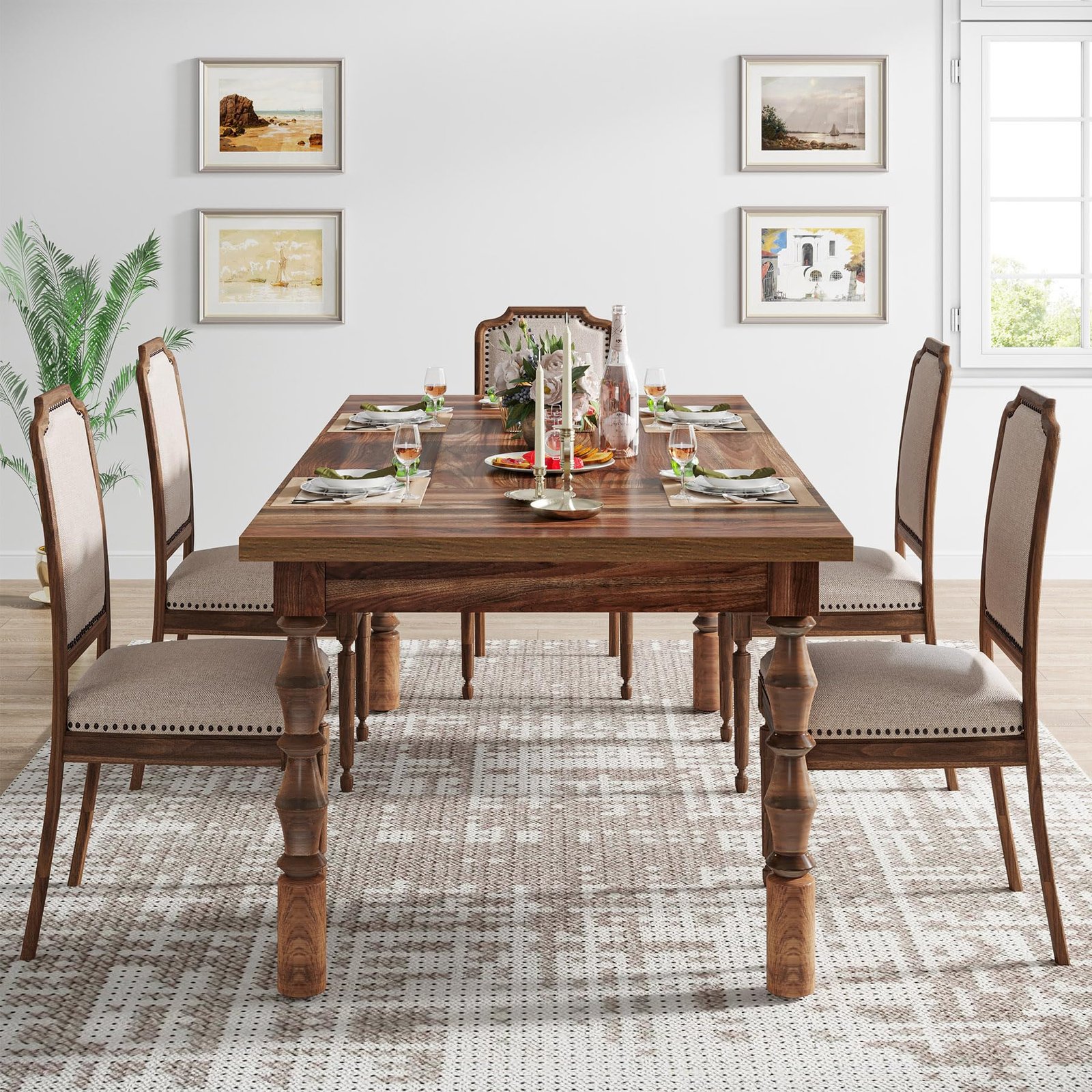 62” Wood Dining Table for 4-6 People, Farmhouse Large Rectangle Kitchen Table, Modern Dinner Table Kitchen & Dining Room Furniture with Carved Turned Legs - Image 6