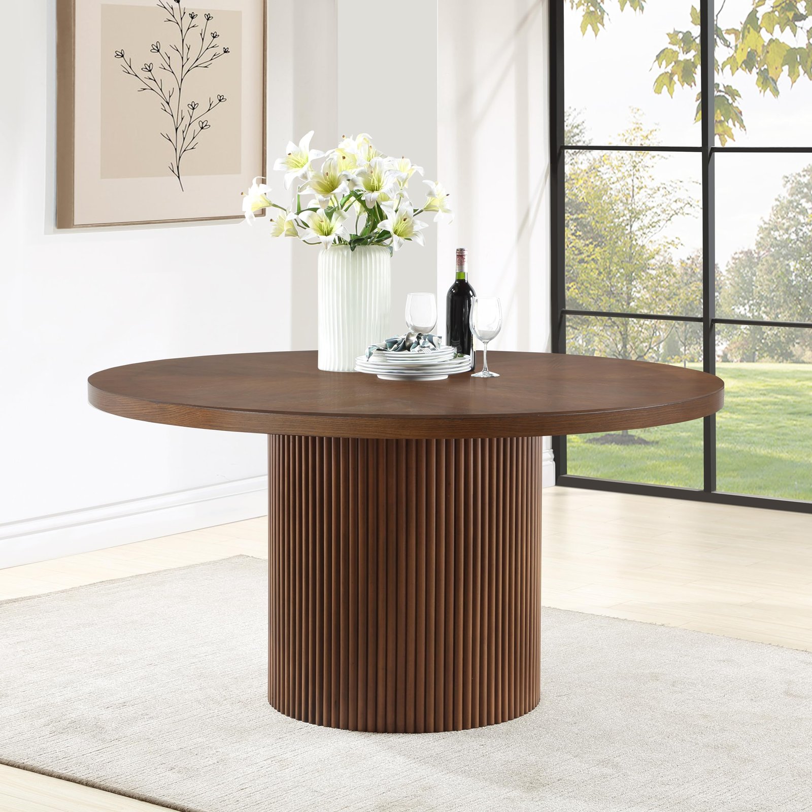 Furniture 730Brown-T Belinda Collection Modern | Contemporary Dining Table with Solid Wood Base, Dark Walnut Brown Finish Oak Wood Veneer, Round Top, Fluted Base, 59 - Image 2