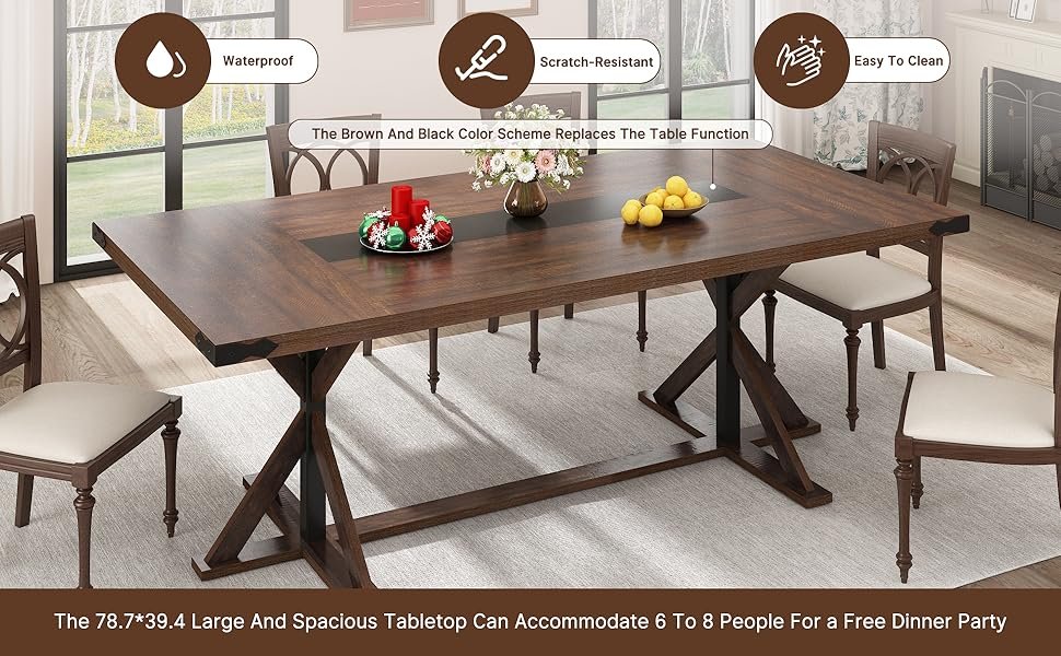 78 Inch Dining Table for 8 People, Rectangular Kitchen Farmhouse Table 